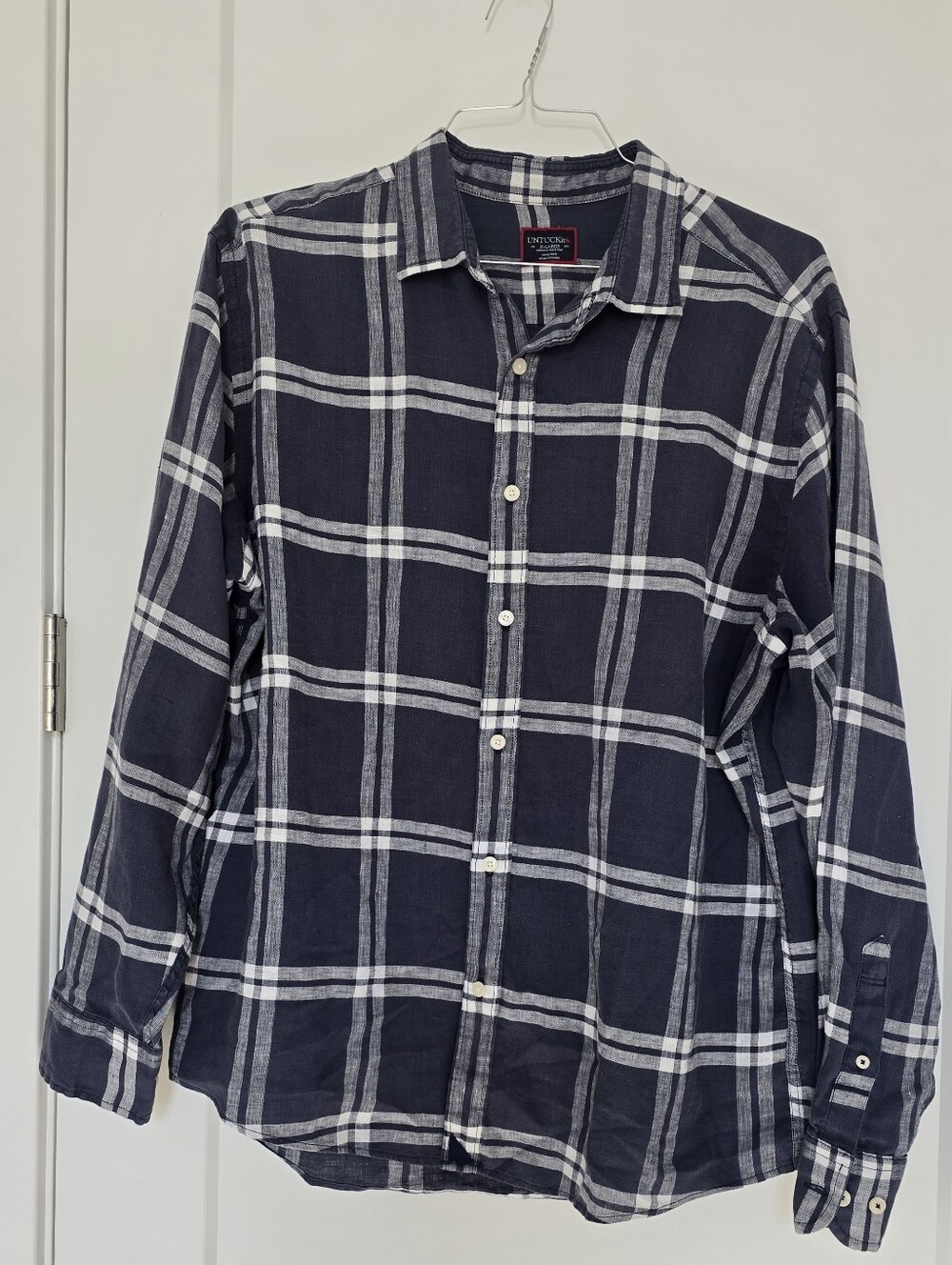 UNTUCKit Navy and White Plaid Linen Button-Down Shirt Msrp $125
